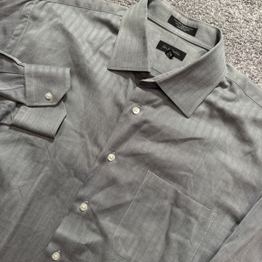 John W Nordstrom Dress Shirt Men 17.5 34 Gray Herringbone Egyptian Cotton Preppy